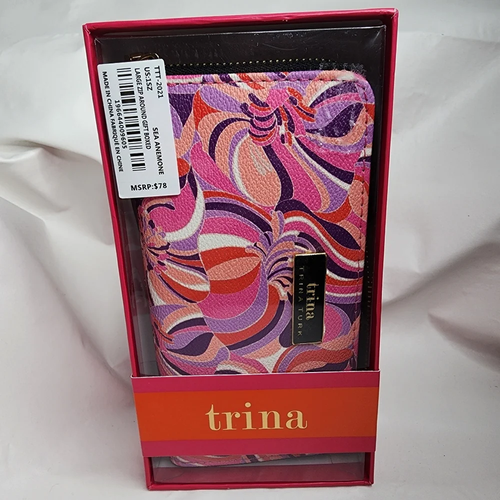 Trina Turk Wallet Large Zip Around Sea Anemone Pink Purple Swirls NWT